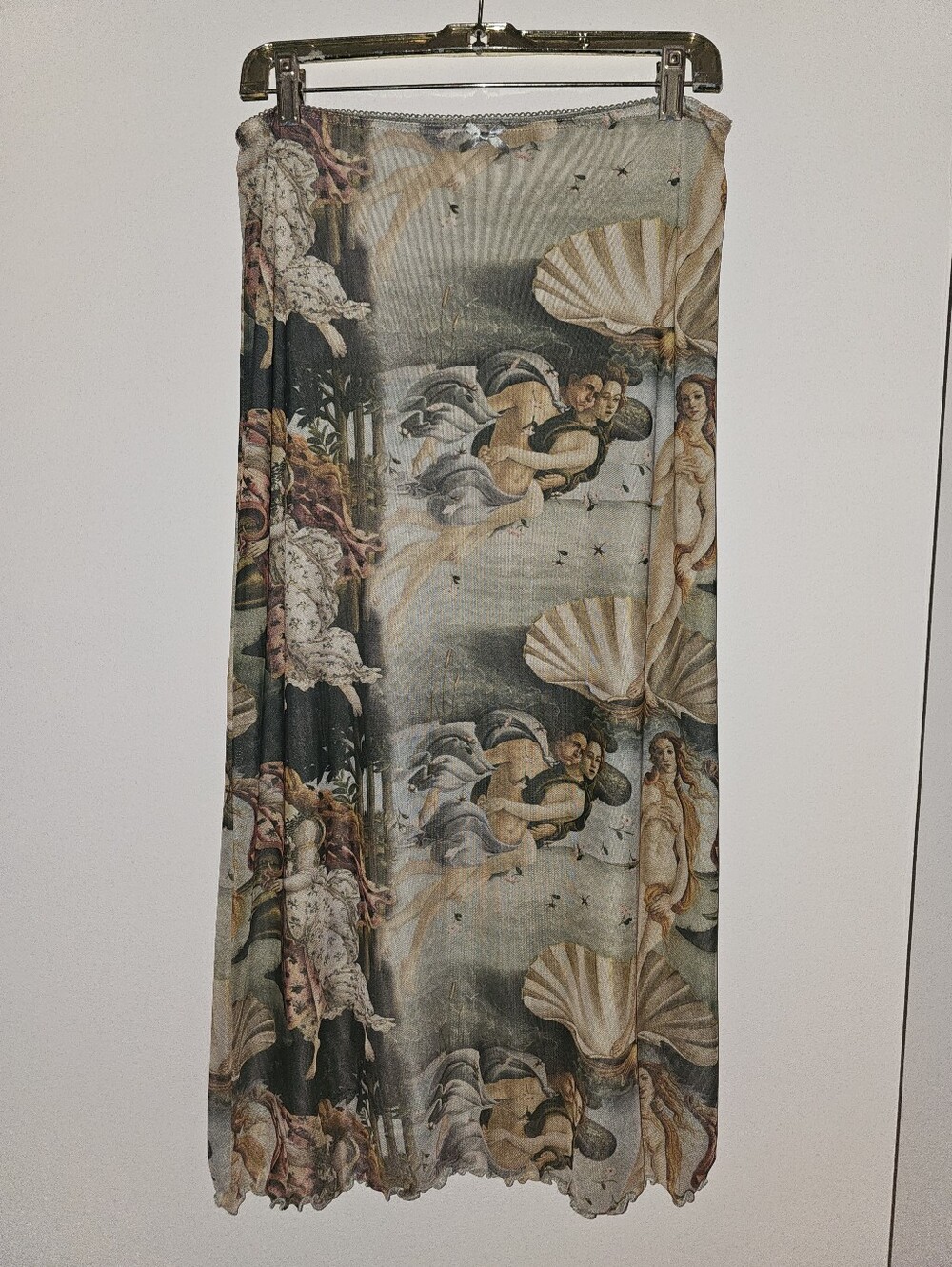 Simons Vintage-Inspired Birth Of Venus Print Midi Skirt in Sage, Beige, Pink